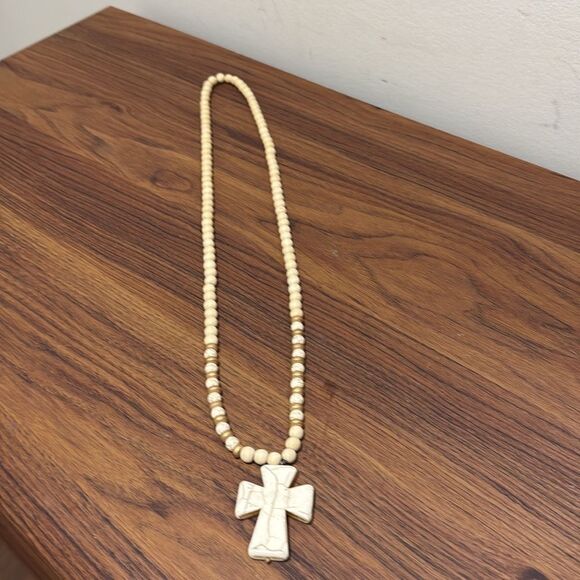 Rosary Necklace Long with Light Wood Beads & Natural Magnesite Stone Cross. - Picture 4 of 4